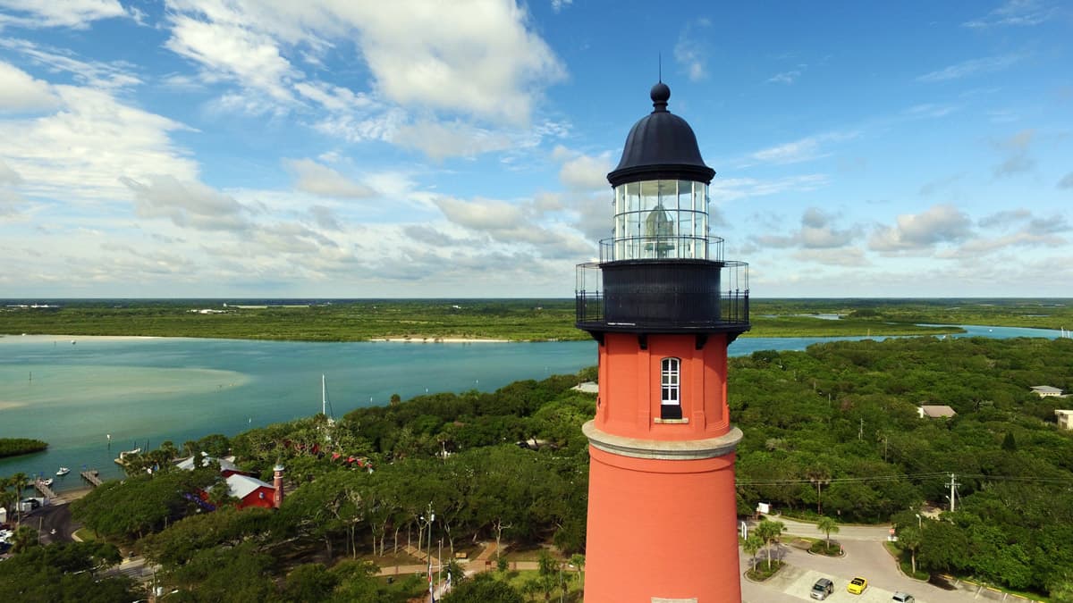 Aerial view of the Ponce de Leon Lighthouse from a Daytona Beach Parasail flight.